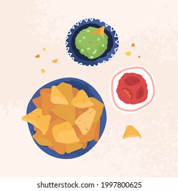 Nachos with guacamole and dried tomatoes vector illustration. Traditional mexican spicy snack on plate. Crispy corn chips and salsa sauce isolated vector. 