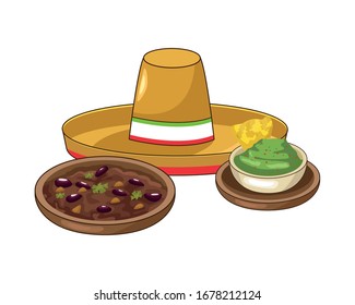 nachos with guacamole and mexican hat vector illustration design