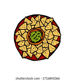 Nachos and guacamole - mexican traditional food. Fast food. Hand drawn sketch doodle. Vector color illustration for menu, poster, web and package design. Isolated on white background.
