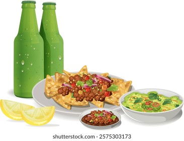 Nachos, guacamole, salsa, and two green bottles