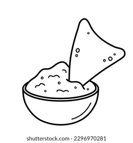 Nachos with guacamole. Traditional Mexican food. Corn tortilla chips and avocado sauce. Doodle sketch style. Vector illustration isolated on white background.