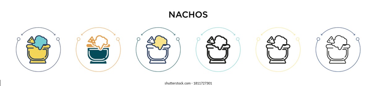 Nachos icon in filled, thin line, outline and stroke style. Vector illustration of two colored and black nachos vector icons designs can be used for mobile, ui, web