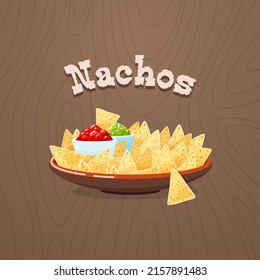 Nachos icon. Illustration of traditional Mexican nachos chips with chili pepper salsa and guacamole dip on a dark wood background. Vector 10 EPS.