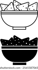 Nachos Icons. Black and White Vector Illustration. Corn Chips in a Plate. Mexican Cuisine Snack, Tasty Food. Fast Food Concept