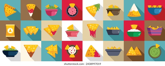 Nachos icons set flat vector. Mexican dip food. Party restaurant salsa