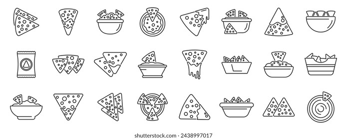 Nachos icons set outline vector. Mexican dip food. Party restaurant salsa