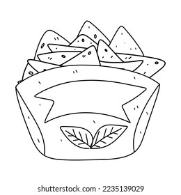 Nachos Mexican corn chips with salsa. Doodle tortilla chips. Drawing for restaurant menu, label, banner.