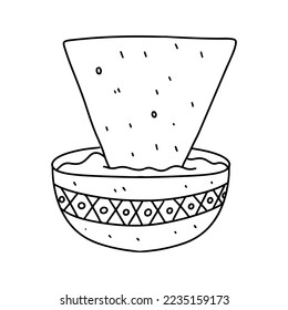 Nachos chips de maíz mexicano con salsa picante. en forma de doodle dibujado a mano. Ilustración vectorial para el menú del restaurante, etiqueta, pancarta.