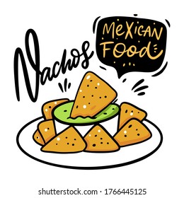Nachos mexican fast food. Colorful vector illustration. Isolated on white background. Design for poster, banner, print and web.