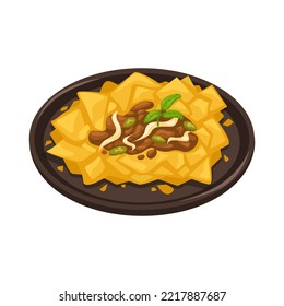 Nachos Mexican Food Made From Fried Tortilla Chips With Beef Topping Cartoon Illustration Vector