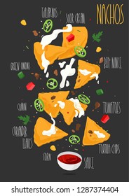 Nachos. Mexican nacho corn tortilla chips. Vector Illustration