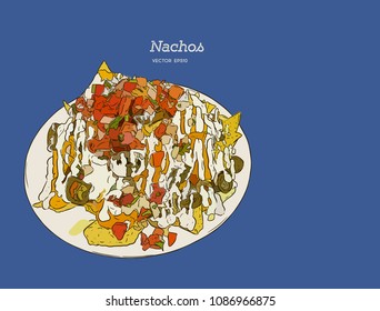 Nachos. Mexican traditional food vector hand drawn illustration, menu label, banner poster identity, branding. Stylish design with sketch of Mexican cuisine sketch.