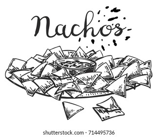 Nachos. Mexican traditional food vector hand drawn illustration, menu label, banner poster identity, branding. Nachos Isolated on white.