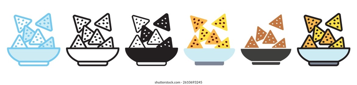 Nachos multi style, mini illustration icon set. outline, flat, glyph, line color, UI, UX, app and web, digital or print. vector EPS 10 related to street food, food festival.