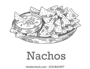 Nachos na placa, estilo de esboço desenhado à mão. Comida tradicional mexicana.