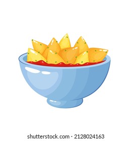Nachos on a plate with salsa sauce seasoned with green onions, vector illustration, isolated on white background. Mexican food.