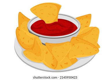 Nachos on a plate. Sauce. Mexican food. Mexico. Fast food. Fried. Isolated on white background. Corn tortilla chips Cartoon style. Vector illustration