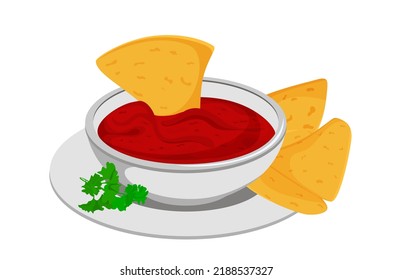 Nachos on a plate. Sauce. Mexican food. Mexico. Fast food. Fried. Isolated on white background. Corn tortilla chips Cartoon style. Vector illustration