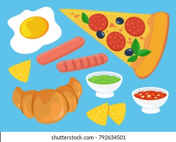 nachos, pizza, scrambled eggs, cartoon, food, chips, bread, breakfast, bright, burger, cafe, collection, colorful, cooking, croissant, design, dessert, dog, egg, fast, fast food, grill, grilled