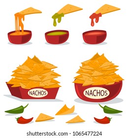 Nachos In A Plate With Cheese, Chili And Guacamole Sauces. Vector Cartoon Flat Illustration Of Mexican Food Isolated On White Background.