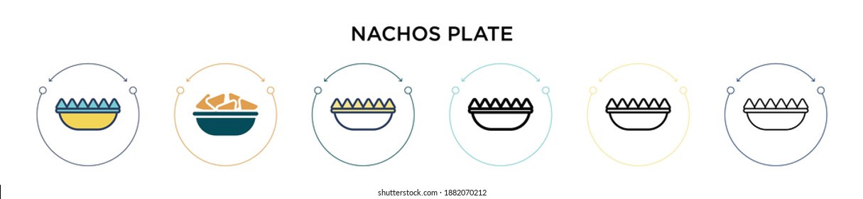 Icono de placa de nachos con estilo relleno, delgado, contorno y trazo. Ilustración vectorial de dos diseños de vectores de placas nachos de color y negro para móviles, ui, web