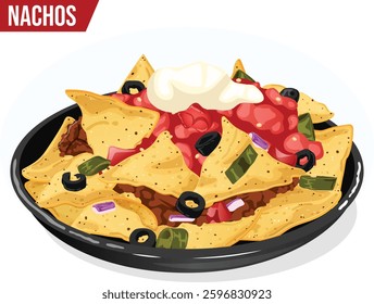 Nachos Plate Isolated. Tortilla Chips with Ground Beef, Spicy Salsa, Sour Cream, Olives, Jalepenos, Onions and Tomatoes. Traditional Tex-Mex Cuisine Detailed Illustration 