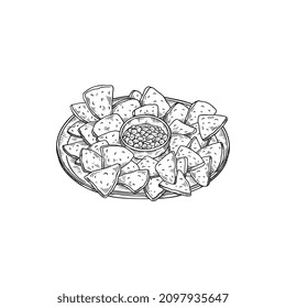 Nachos plate with salsa or guacamole sauce, hand drawn sketch vector illustration isolated on white background. Traditional mexican cuisine, corn chips snacks for party.