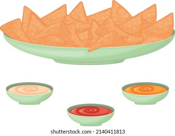 Nachos. A plate of nachos and sauces. Cheese, cream and tomato sauce. A plate of snacks. Vector illustration isolated on a white background