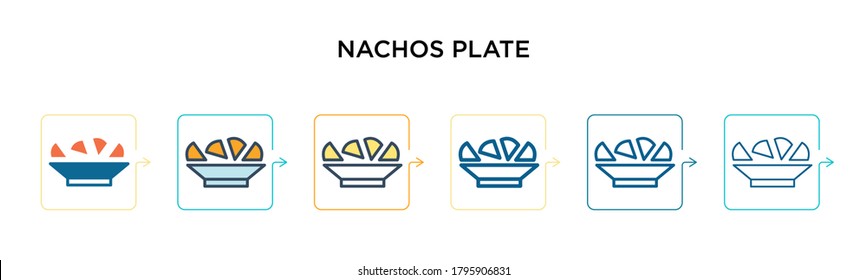 Nachos plate vector icon in 6 different modern styles. Black, two colored nachos plate icons designed in filled, outline, line and stroke style. Vector illustration can be used for web, mobile, ui