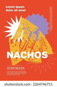 Nachos. Diseño de etiquetas de precio o afiches. Conjunto de ilustraciones vectoriales. Tipografía. Esbozo de lápiz de época. Estilo de grabado. Etiquetas, cubierta, estampado de camisetas, pintura.