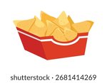 Nachos in a red carton. Corn chips. Crispy food. Crispy snack. Tortilla snack. Food packaging. Cafe food.
