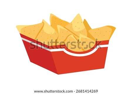 Nachos in a red carton. Corn chips. Crispy food. Crispy snack. Tortilla snack. Food packaging. Cafe food.