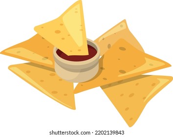 Nachos with red salsa sauce. Mexican food cartoon icon