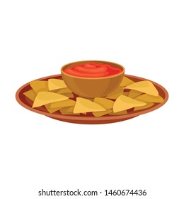 Nachos and red sauce. Vector illustration on white background.