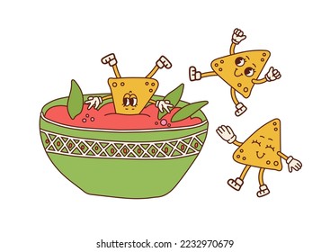 Nachos retro cartoon characters having fun. Nacho dip in bowl. Nacho mascot design. Chilli dip. Salsa Sauce cup. Mexican food party. Contour hand drawn vector illustration.