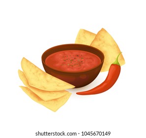 Nachos with salsa dip isolated on white