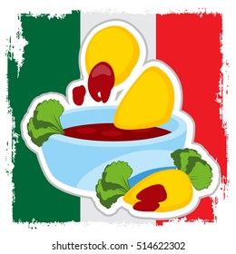 Nachos and salsa on the background of the Mexican flag. Mexican traditional dish.