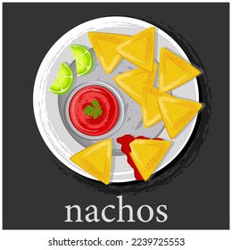 Nachos with salsa sauce and chili pepper. Mexican traditional food. A plate of tortilla chips. Latin American cuisine. Nachos.