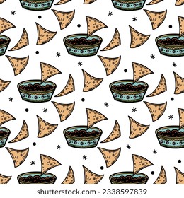 Nachos and sauce bowl seamless vector pattern. Delicious crispy chips with guacamole or spicy salsa. Pieces of corn tortilla, national fast food. Simple sketch, hand drawn. Background for print, menu