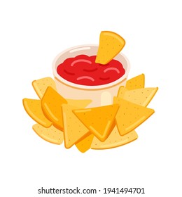 Nachos with sauce. Mexican traditional food. A plate of tortilla chips. Vector flat illustration isolated on white background.