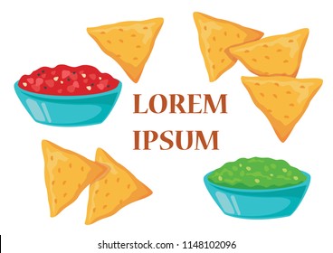 Nachos sauce with salsa and tomato. Vector illustration on white background. In the middle there is a place for your text. Mexican national food.