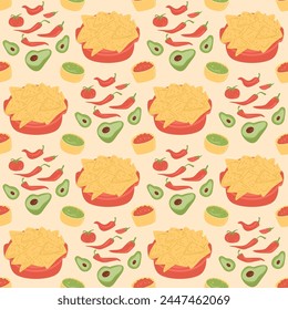 Nachos with sauce seamless pattern. Mexican fast food with guacamole and salsa repeat background. Cheese tortilla chips with salsa and avocado guacamole endless cover. Vector hand drawn illustration