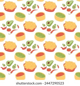 Nachos seamless pattern. Mexican snack with sauce repeat background. Cheese chips with salsa and avocado guacamole endless cover. Vector flat hand drawn illustration.