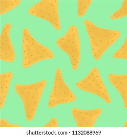 Nachos seamless pattern on guacamole background.
