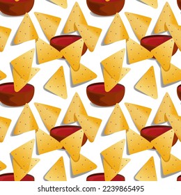 Nachos seamless pattern. Traditional Mexican tasty snack illustration with sauce. Cartoon background. Design for fashion , fabric, textile, wallpaper, cover. Vector illustration.