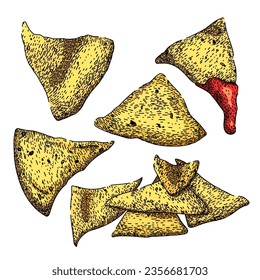 nachos set hand drawn. snack corn, yellow nachos, tortilla party nachos vector sketch. isolated color illustration