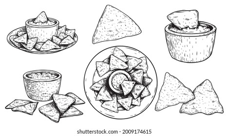 Nachos sketch style set. Single, group on plate and with sauce nachos. Top view. Traditional mexican food collection. Hand drawn. Retro style. Vector illustration for menu designs. 