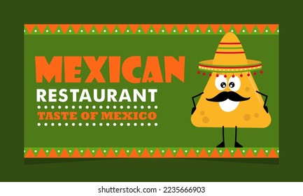 Nachos in sombretro. Cheerful character with smile and mustache. Traditional Mexican Cuisine. Landing banner with promo. Mexican restaurant.