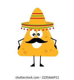 Nachos in sombretro. Cheerful character with smile and mustache. Traditional Mexican Cuisine. Cartoon on white