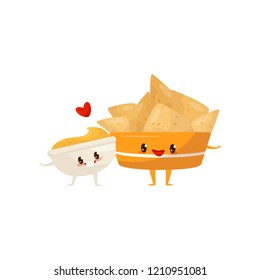 Nachos and spicy sauce are friends forever, fast food menu funny cartoon characters vector Illustration on a white background